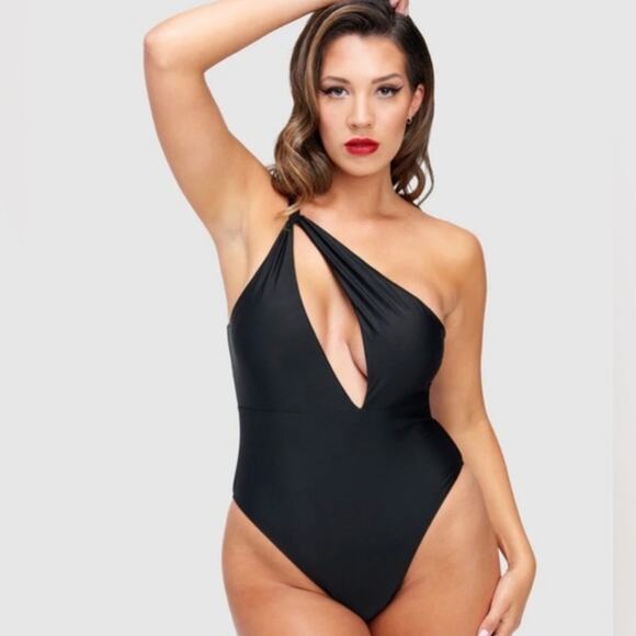 NWT Frederick's of Hollywood Sardinia One-Piece Swimsuit Black One-Shoulder - Picture 1 of 11